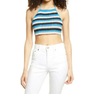 BP Striped Crochet Halter Crop Top Blue Black White Boho Festival Sleeveless